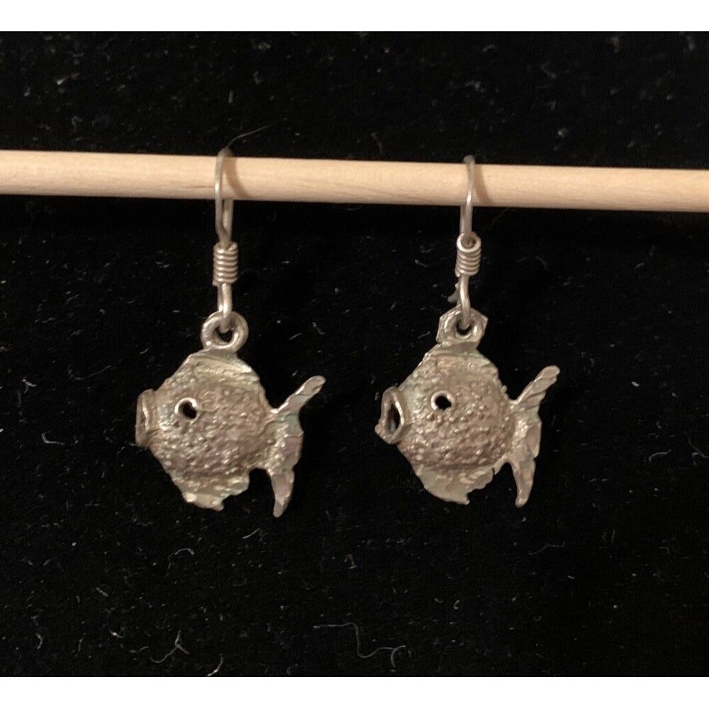 Vintage Sterling Silver Puffy Blow Fish Earrings Dangle Drop